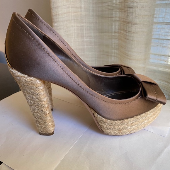 Louis Vuitton espadrille open toe platform brown satin pumps 38 heel clog Rivoli - Picture 5 of 12